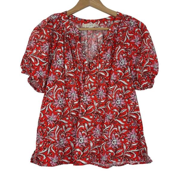 LOFT Size: XS Red Floral Spring Bloom Tie Neck Puff Sleeve Tunic Top - Picture 1 of 7